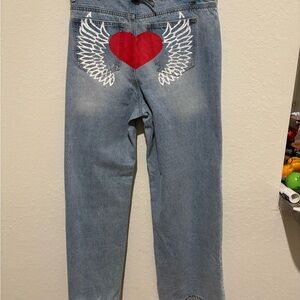 Sky Women's Boyfriend Jeans with Red Heart and White Wings